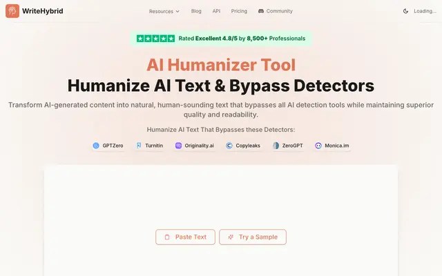 Screenshot of AI Humanizer and Humanize AI Text - 500 Free Words Monthly | WriteHybrid