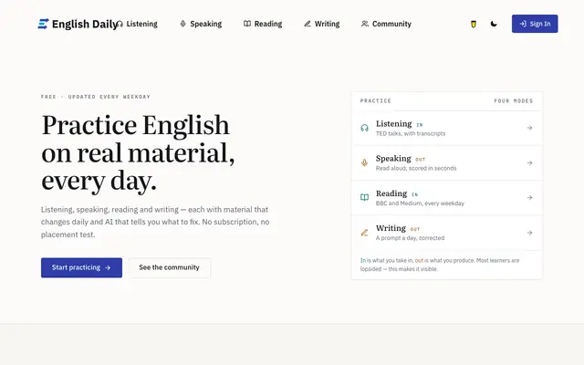 Screenshot of Free AI-Powered English Learning Platform | English Daily
