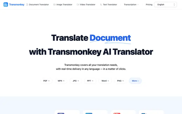Screenshot of Translate Document, Image, Video Online with AI | Transmonkey