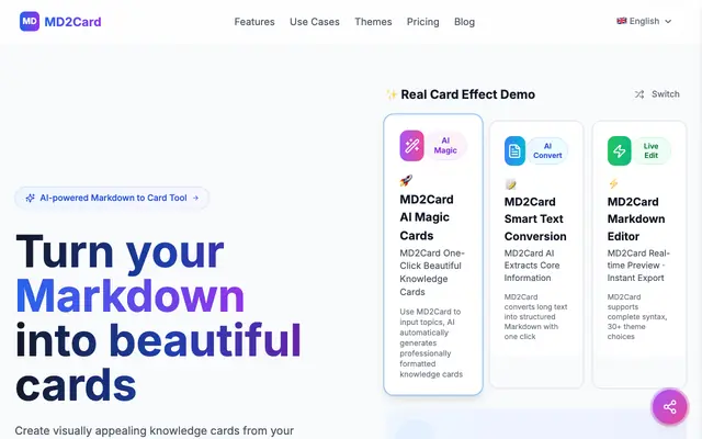 Screenshot of MD2Card - AI Card Generator | Text to Visual Cards
