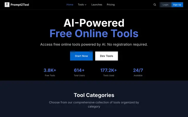Screenshot of Free AI-Powered Online Tools Platform - Prompt2Tool