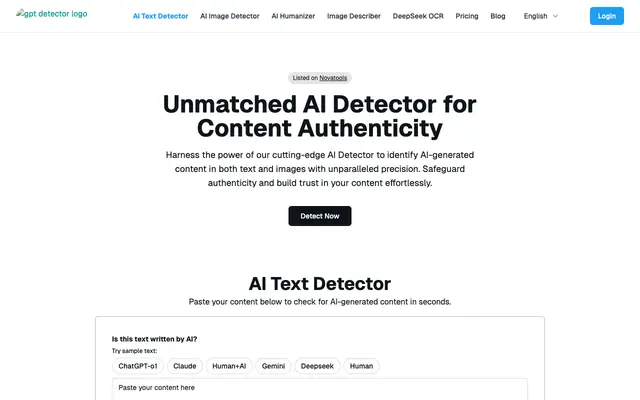 Screenshot of AI Detector - Reliable AI Checker for ChatGPT,Claude & DeepSeek | AI Detector