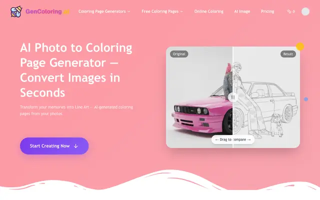 Screenshot of AI Photo to Coloring Page Generator | GenColoring