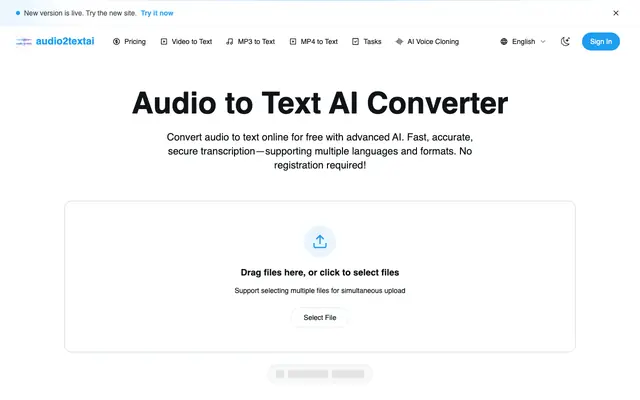 Screenshot of Audio to Text AI Converter | Free Online Transcription – audio2textai.com