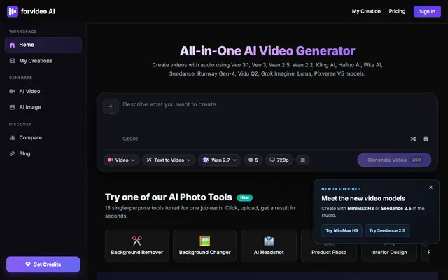 Screenshot of forvideo.ai — AI Video Generator + Free Unlimited AI Image Generator (No Waterma
