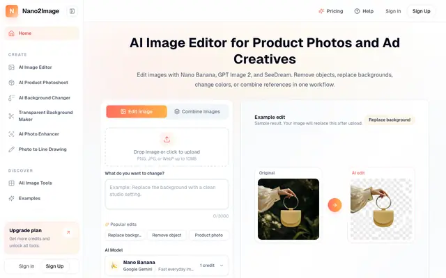 Screenshot of AI Image Editor Online: Edit Photos with AI | Nano2Image