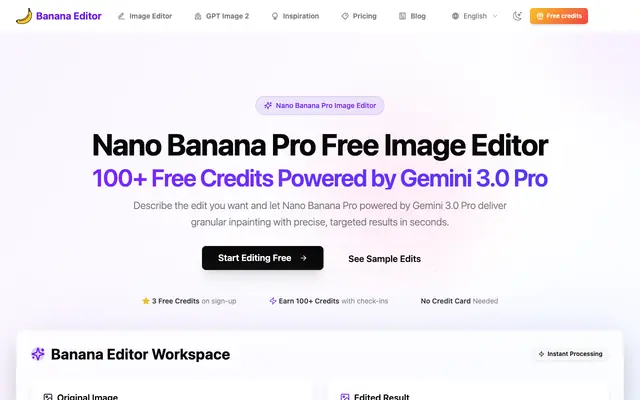 Screenshot of Free AI Image Editor - Nano Banana Pro with Gemini 3.0 Pro | 100 Free Credits