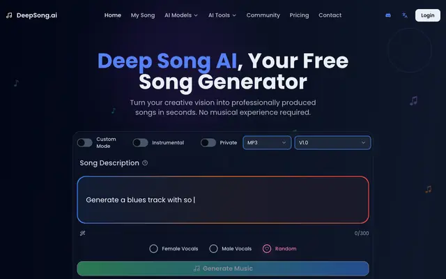 Screenshot of #1 AI Music & Song Generator Free Online | DeepSong.ai