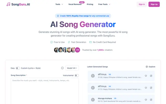 Screenshot of AI Song Generator | Create Music with AI - SongGuru.AI