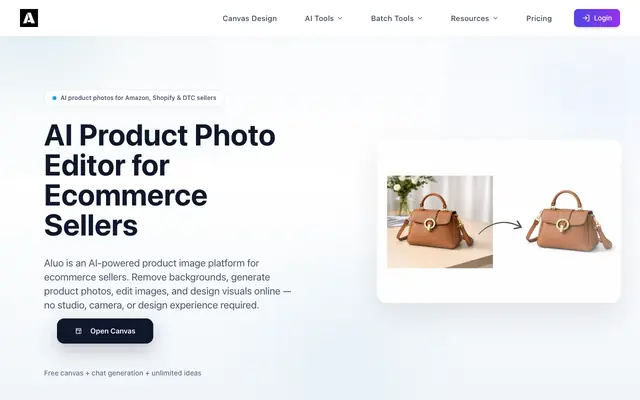 Screenshot of AI Product Photo Editor for Ecommerce | Background Removal & Design | Aluo