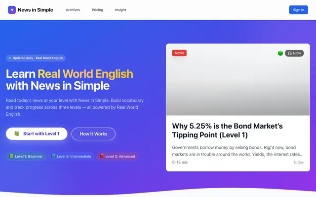 Screenshot of News in Simple: 3-Level News & Real World English