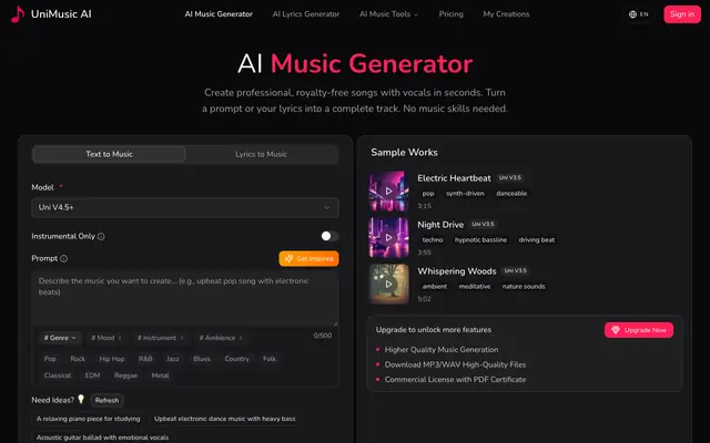 Screenshot of AI Music Generator & Song Maker | UniMusic AI