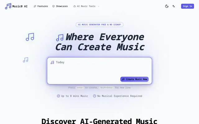 Screenshot of Music0 AI - AI Music & Music Video Maker | 100% Free/No Sign Up