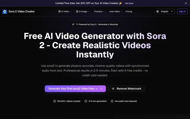 Screenshot of Free AI sora2 Video Generator - Sora 2 | No Sign Up Required