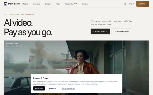 Screenshot of Pay-as-you-go AI Video Generator | MaxVideoAI