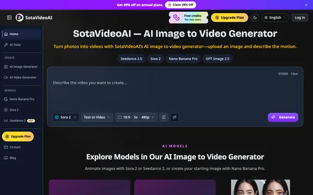 Screenshot of SotaVideoAI — State-of-the-Art AI Video & Image Generator