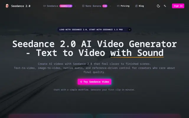 Screenshot of Seedance 2.0 — 720p AI Video with Sound & References