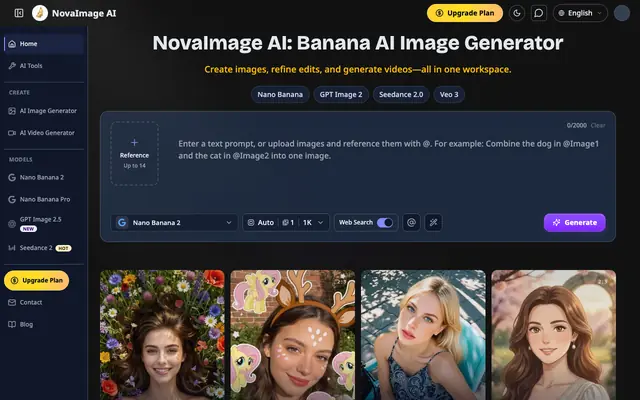 Screenshot of Banana AI Image Generator - Free AI Image & Video Generator Online | Novaimage a