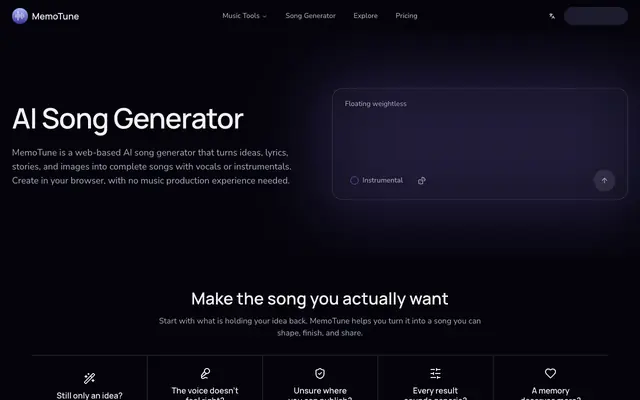 Screenshot of AI Song Generator — Turn Your Story Into Music | MemoTune