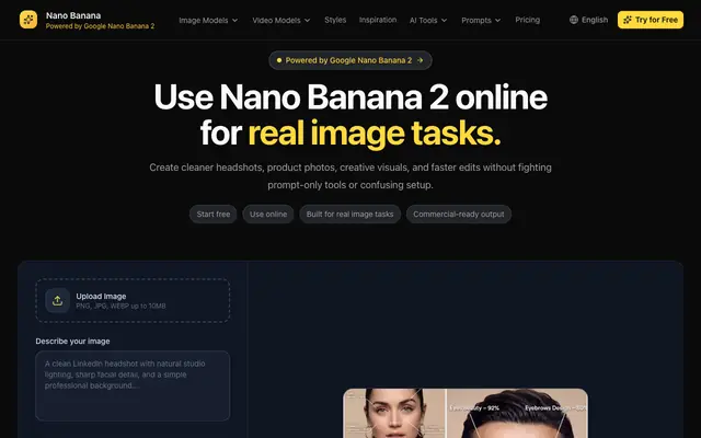 Screenshot of Use Nano Banana 2 Online for Headshots, Product Photos, and Image Edits | Nano B