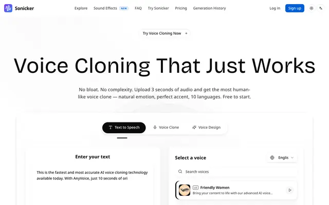 Screenshot of Sonicker — Free AI Voice Generator | Text to Speech, Voice Cloning & Voice Desig