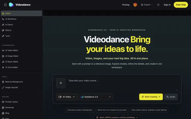 Screenshot of Videodance - Seedance 2.0 AI Video Generator | Cinematic Videos