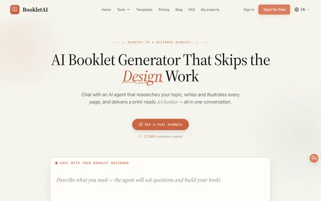 Screenshot of AI Booklet Generator — Chat to Get a Booklet in Minutes