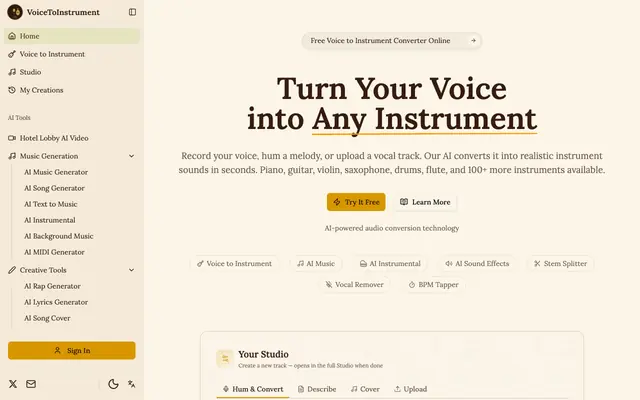 Screenshot of Voice to Instrument Converter | AI Audio Generator