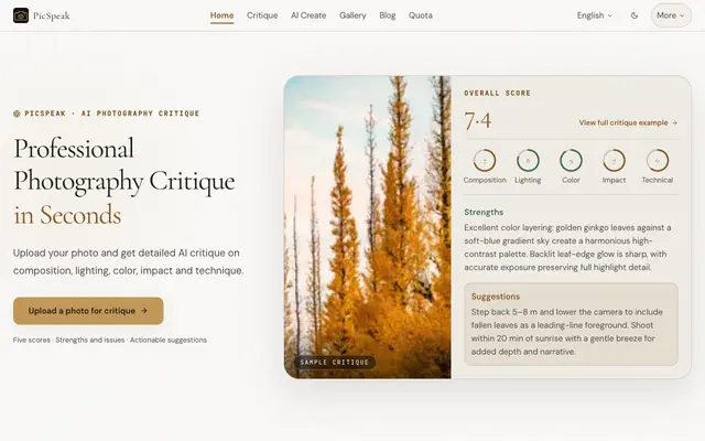 Screenshot of PicSpeak | AI Photo Critique and GPT Image 2 Visual References