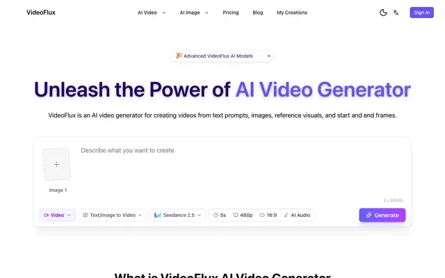 Screenshot of VideoFlux - Text to Video and Image to Video AI Generator