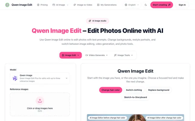 Screenshot of Qwen Image Edit Online | AI-Powered Image Editing Tool