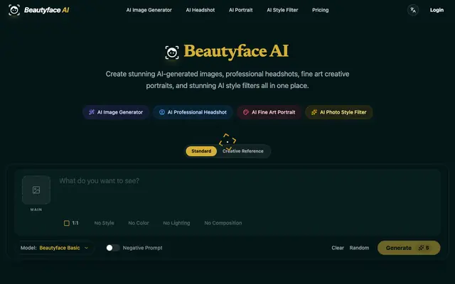 Screenshot of Beautyface AI Image Generator & AI Photo Studio | Beautyface AI