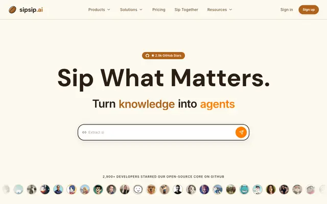 Screenshot of sipsip.ai — AI Summarizer, Transcriber & Daily Brief