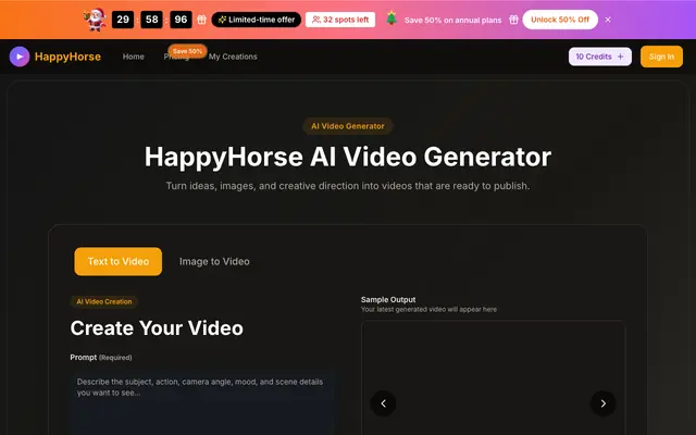 Screenshot of HappyHorse 2.0 AI Video Generator Free | HappyHorse AI 1.0 & Pro & 2.0 Text to V