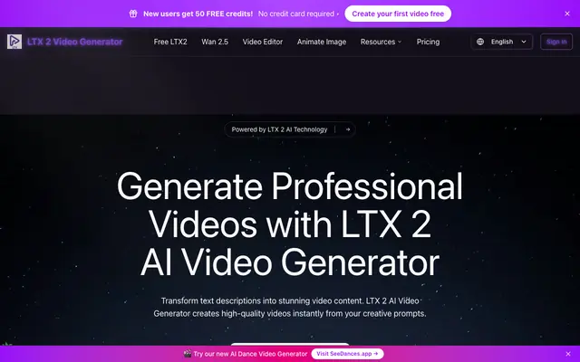 Screenshot of LTX 2 AI Video Generator - Create Stunning Videos Free Online