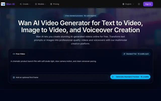 Screenshot of Wan AI - AI Video Generator | Text to Video | Image to Video | Voiceover Creatio