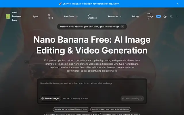 Screenshot of Nano Banana Free - AI Image Editor & Video Generator Online