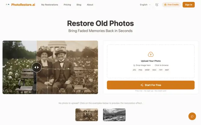 Screenshot of Restore Old Photos Online Free - AI Photo Restoration | PhotoRestore.ai | PhotoR