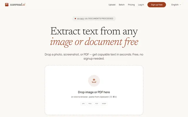 Screenshot of Extract text from any image or document free — ScanRead.ai