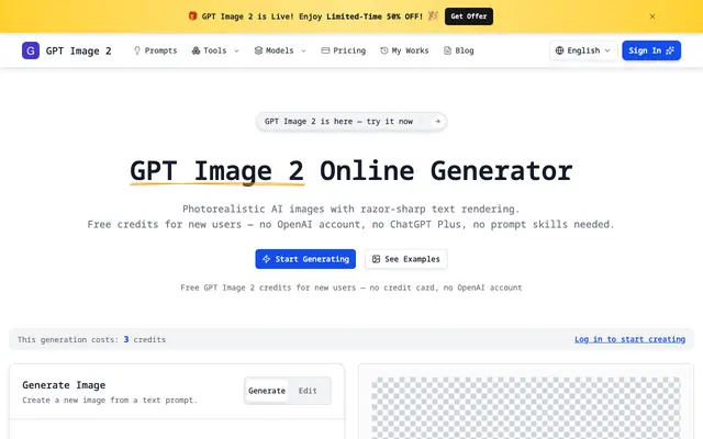 Screenshot of GPT Image 2 Online Generator — Photorealistic, Sharp Text