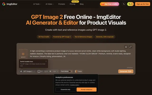Screenshot of GPT Image 2 Free Online | AI Generator & Editor | ImgEditor