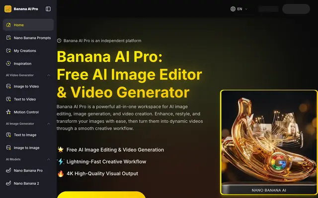 Screenshot of Banana AI Pro: Try Free AI Image Editor & Video Generator