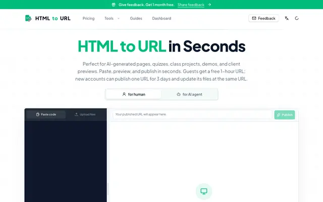 Screenshot of HTML to URL Converter - Upload HTML and Get a Shareable Link