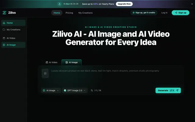 Screenshot of Zilivo AI - Professional Image & Video Creation Platform