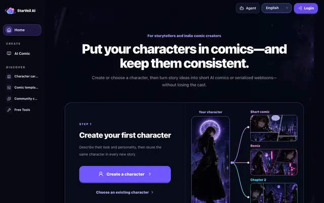 Screenshot of StarVeil AI — AI Webtoon Creator | Stories to Comics