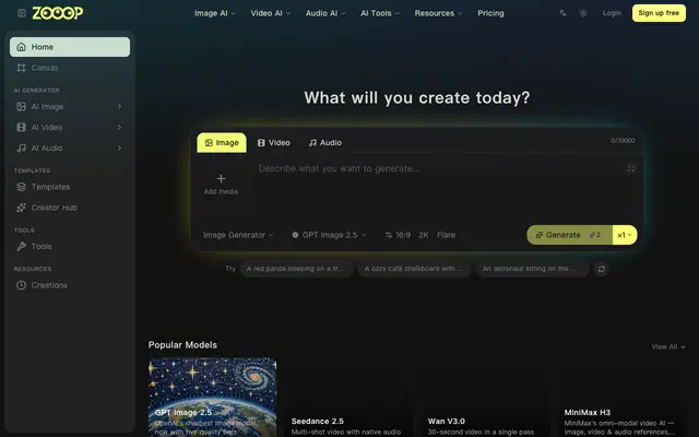 Screenshot of AI-native Creative Platform · ZOOOP