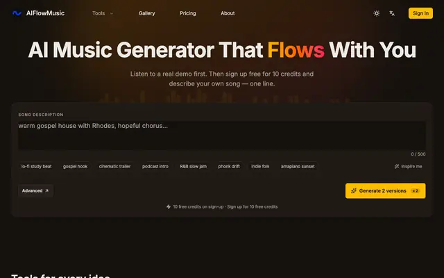 Screenshot of AIFlowMusic — AI music generator + free tools for creators