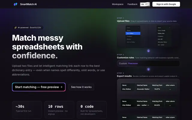Screenshot of SmartMatch AI — Intelligent spreadsheet matching