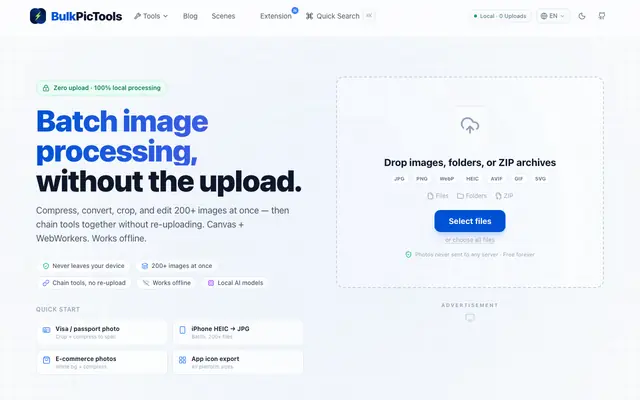 Screenshot of BulkPicTools — Batch Image Processing with Tool Chaining & Local AI | BulkPicToo