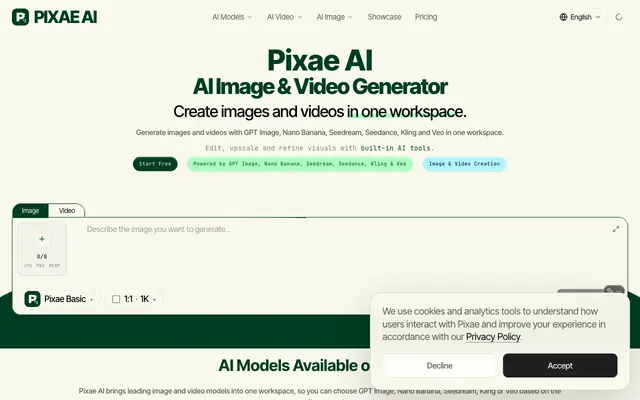 Screenshot of Pixae AI | AI Image & Video Generator